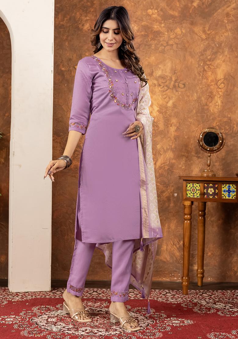 Lavender Embroidery Silk Straight Kurta Set - Indya
