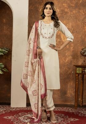 Off White Embroidery Silk Straight Kurta Set