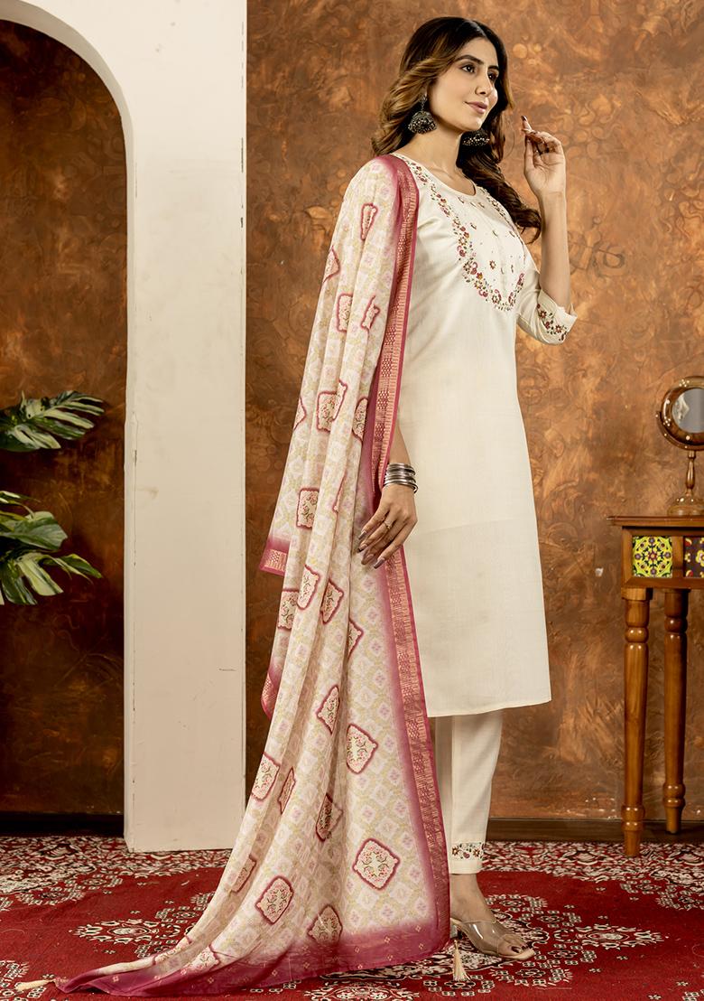 Off White Embroidery Silk Straight Kurta Set - Indya