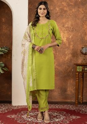 Green Embroidery Silk Straight Kurta Set