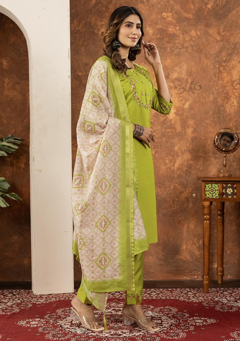 Green Embroidery Silk Straight Kurta Set - Indya