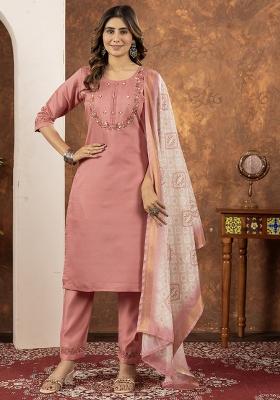 Peach Embroidery Silk Straight Kurta Set