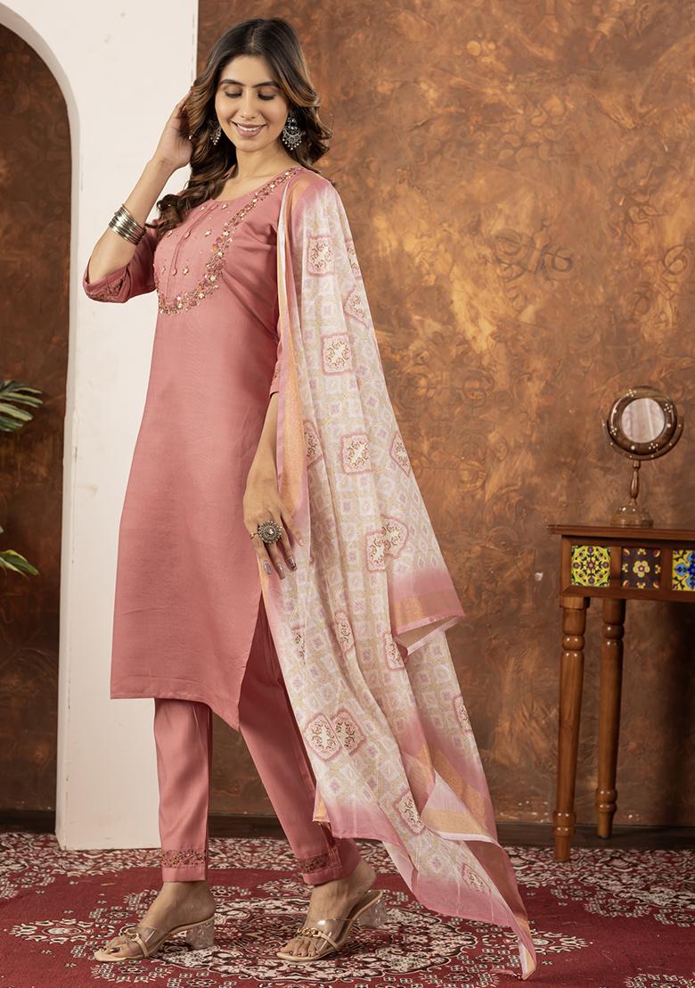 Peach Embroidery Silk Straight Kurta Set - Indya