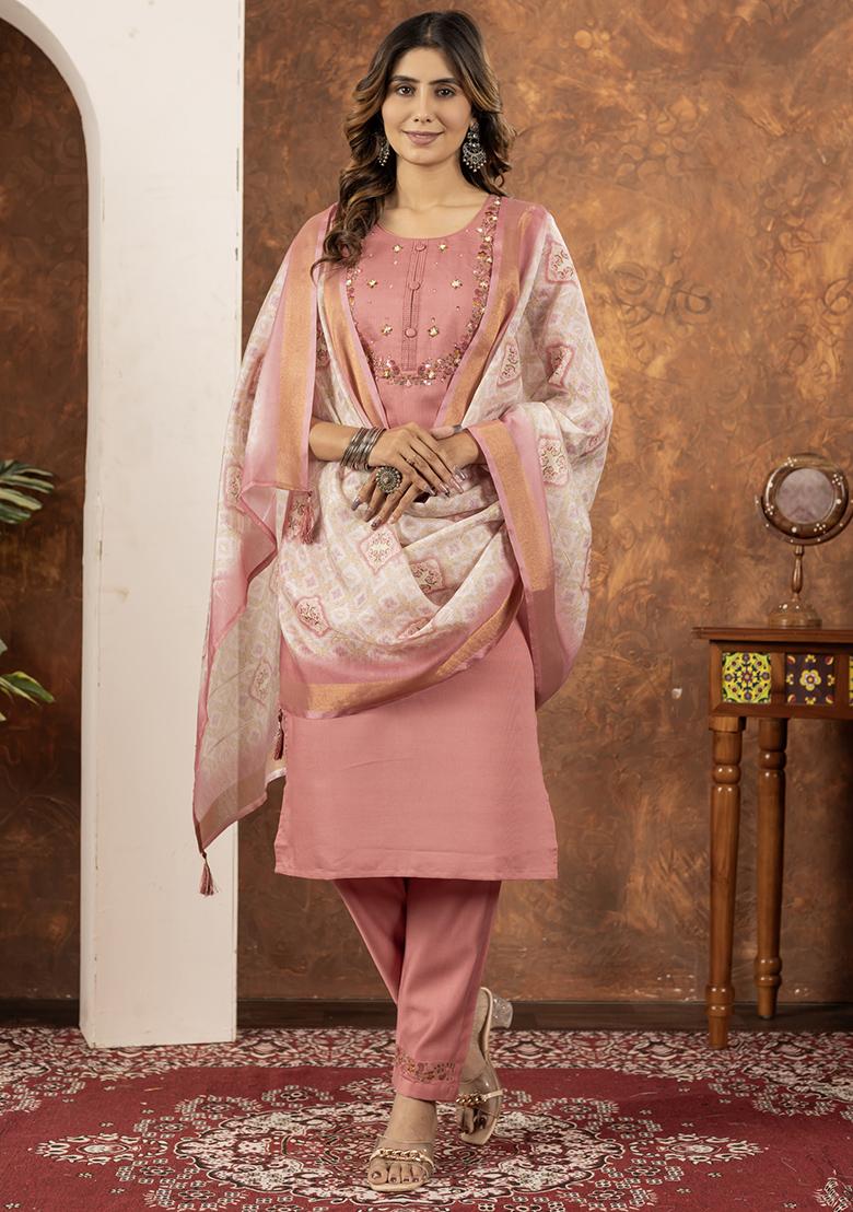 Peach Embroidery Silk Straight Kurta Set - Indya