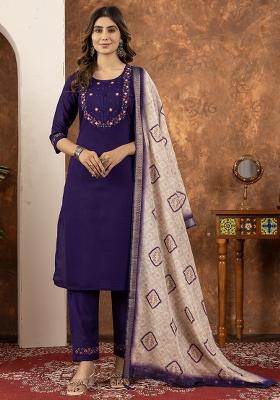 Purple Embroidery Silk Straight Kurta Set