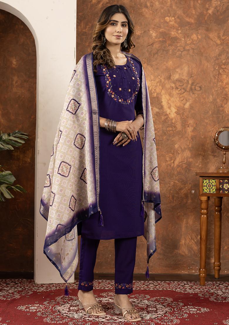 Purple Embroidery Silk Straight Kurta Set - Indya