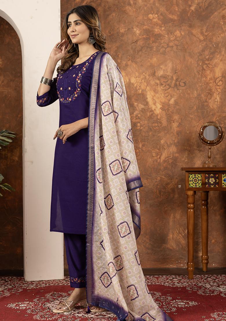Purple Embroidery Silk Straight Kurta Set - Indya