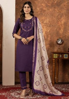 Wine Embroidery Silk Straight Kurta Set