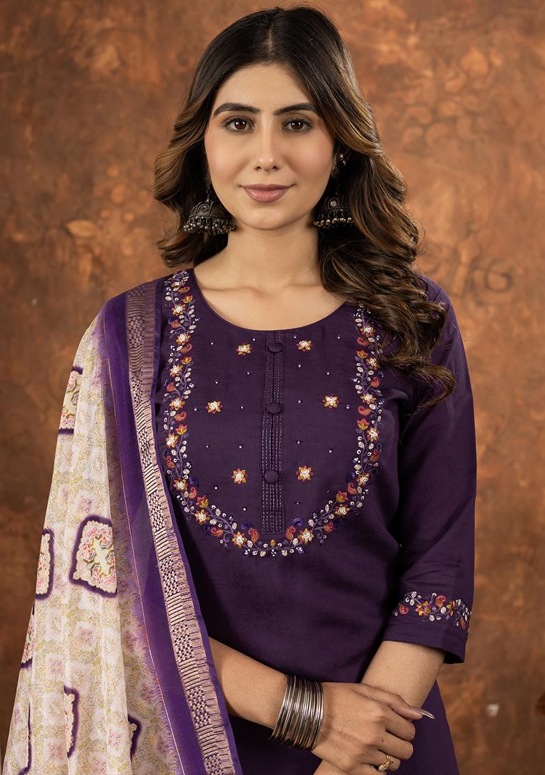 Wine Embroidery Silk Straight Kurta Set - Indya
