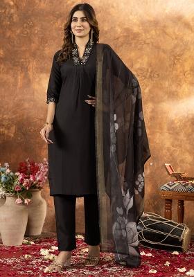 Black Embroidery Silk Straight Kurta Set