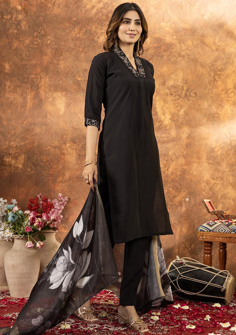 Black Embroidery Silk Straight Kurta Set - Indya
