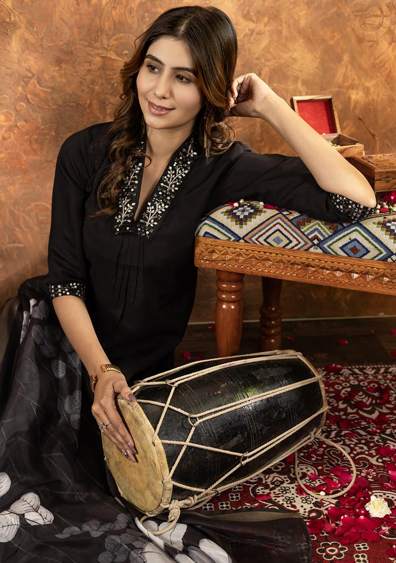 Black Embroidery Silk Straight Kurta Set - Indya