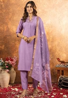 Lavender Embroidery Silk Straight Kurta Set