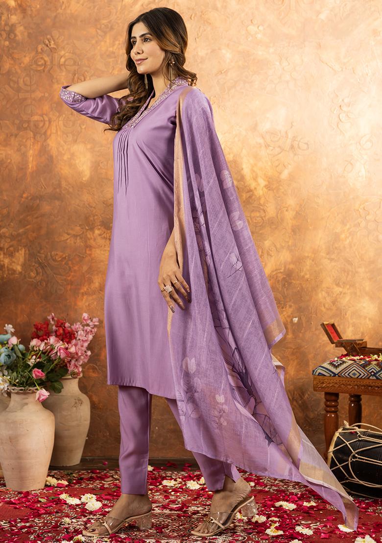 Lavender Embroidery Silk Straight Kurta Set - Indya