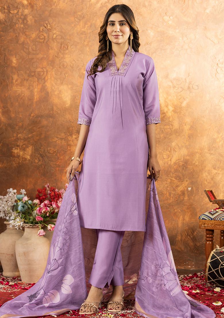 Lavender Embroidery Silk Straight Kurta Set - Indya