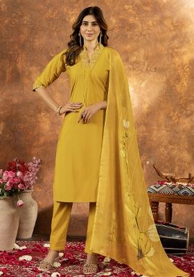 Mustard Embroidery Silk Straight Kurta Set