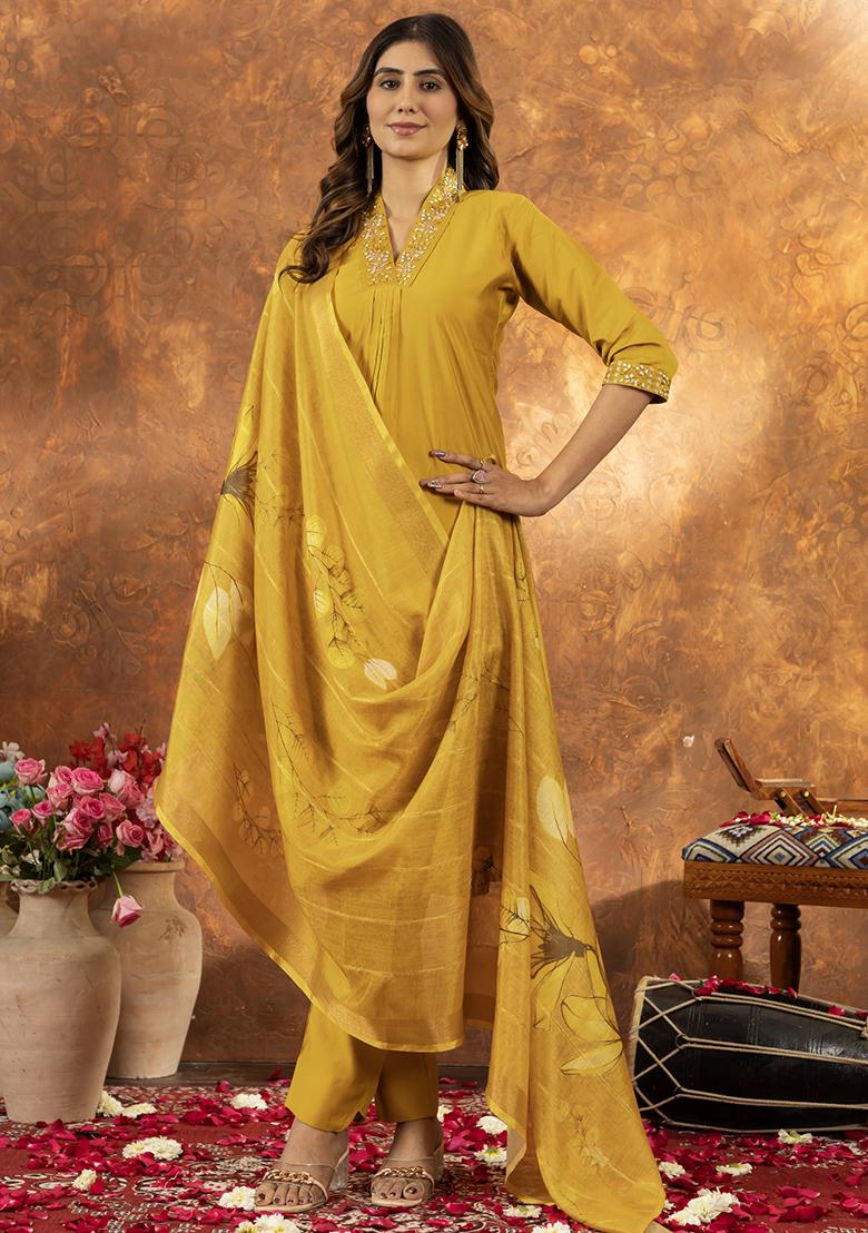 Mustard Embroidery Silk Straight Kurta Set - Indya