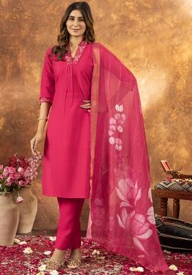 Pink Embroidery Silk Straight Kurta Set