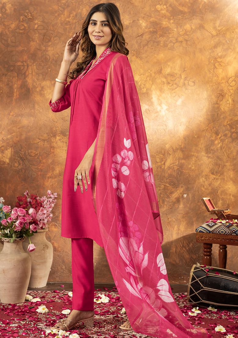 Pink Embroidery Silk Straight Kurta Set - Indya