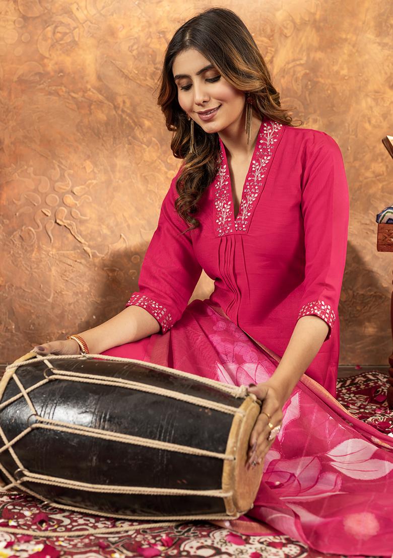 Pink Embroidery Silk Straight Kurta Set - Indya
