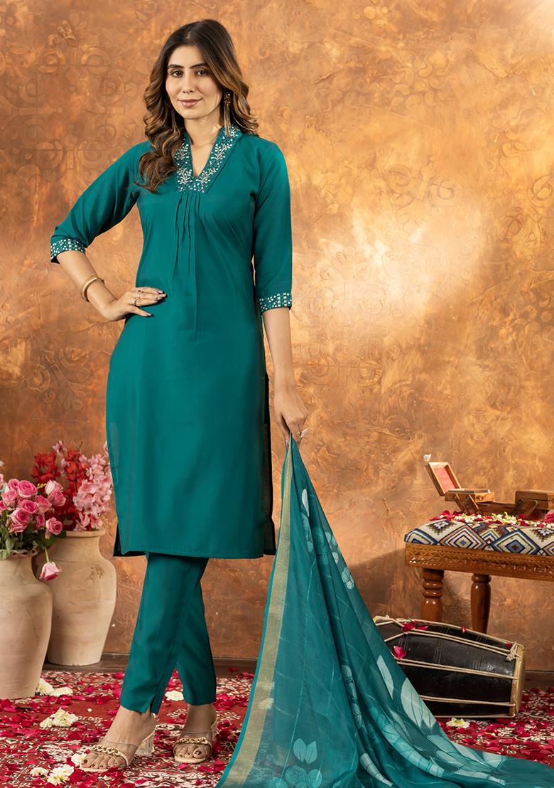 Rama Embroidery Silk Straight Kurta Set - Indya