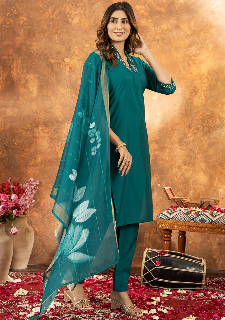 Rama Embroidery Silk Straight Kurta Set - Indya