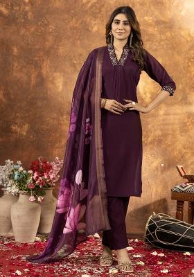 Wine Embroidery Silk Straight Kurta Set