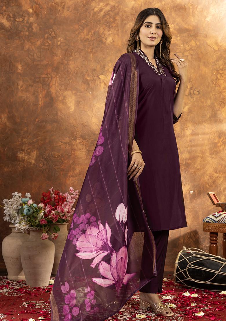 Wine Embroidery Silk Straight Kurta Set - Indya