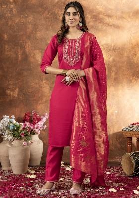 Pink Embroidery Silk Straight Kurta Set