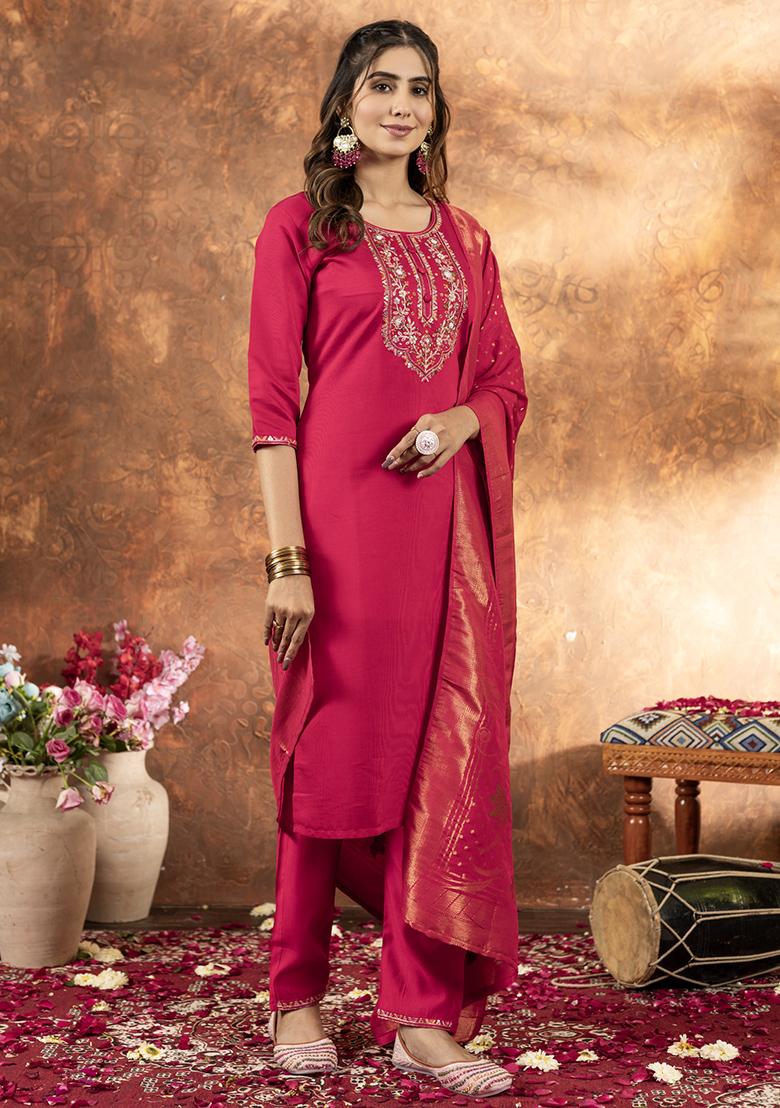 Pink Embroidery Silk Straight Kurta Set - Indya