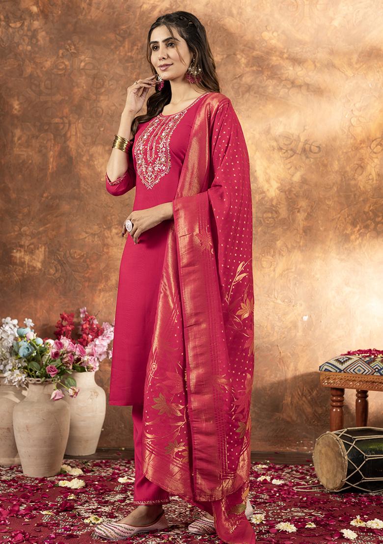Pink Embroidery Silk Straight Kurta Set - Indya