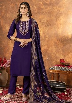 Purple Embroidery Silk Straight Kurta Set