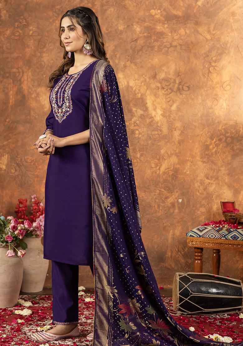 Purple Embroidery Silk Straight Kurta Set - Indya