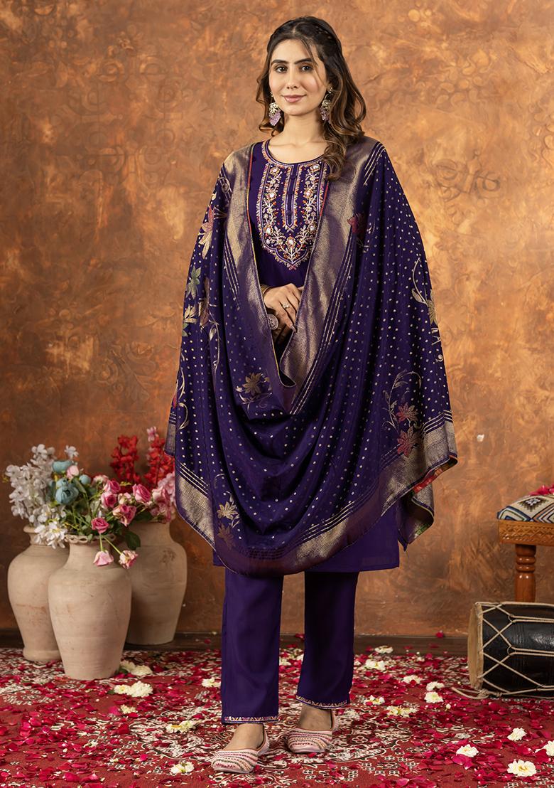 Purple Embroidery Silk Straight Kurta Set - Indya