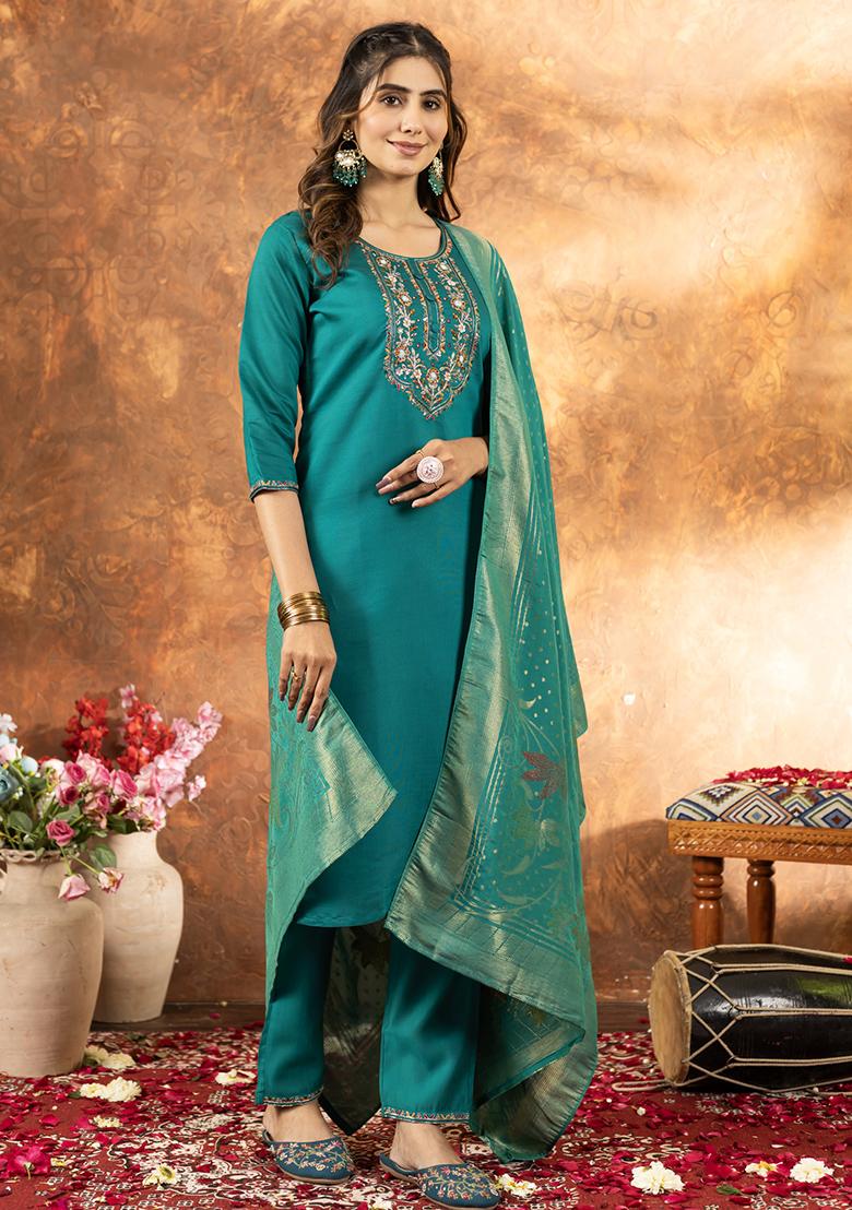 Rama Embroidery Silk Straight Kurta Set - Indya
