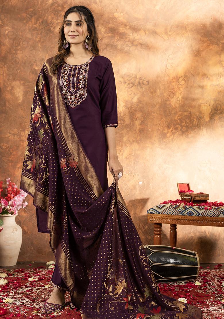 Wine Embroidery Silk Straight Kurta Set - Indya