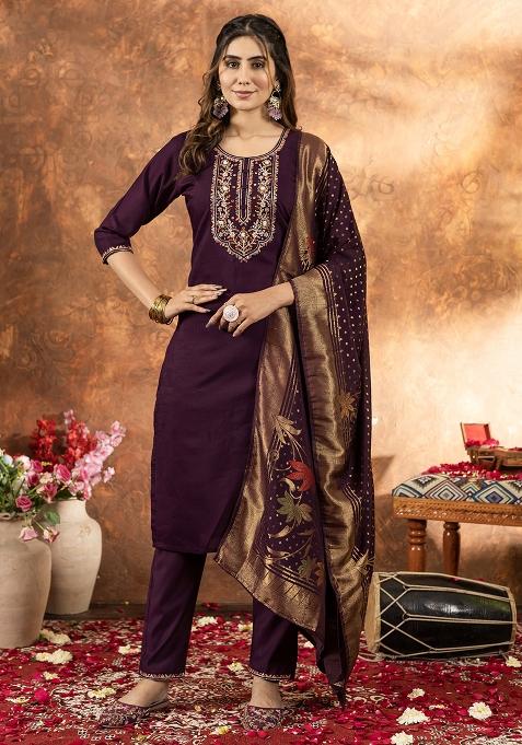 Wine Embroidery Silk Straight Kurta Set