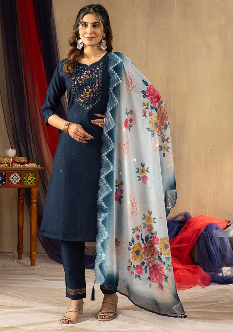 Blue Embroidery Silk Straight Kurta Set - Indya