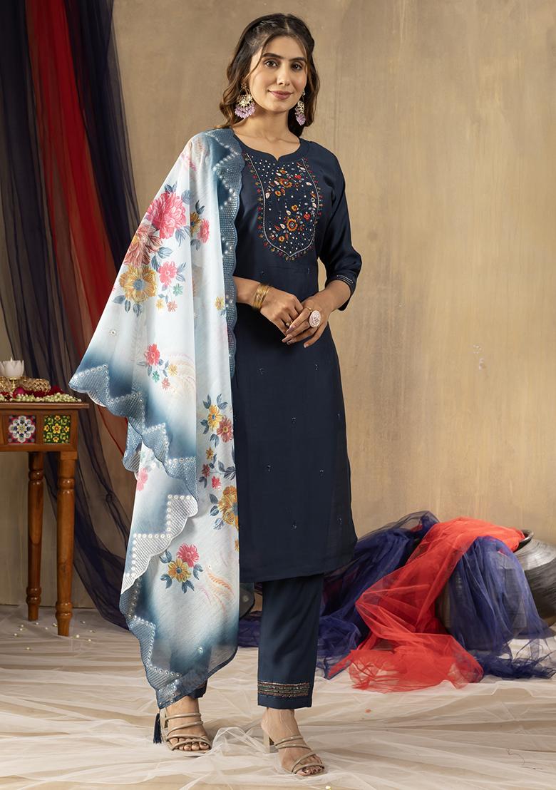 Blue Embroidery Silk Straight Kurta Set - Indya