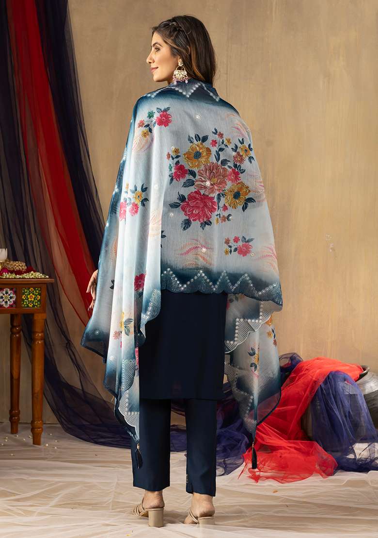 Blue Embroidery Silk Straight Kurta Set - Indya