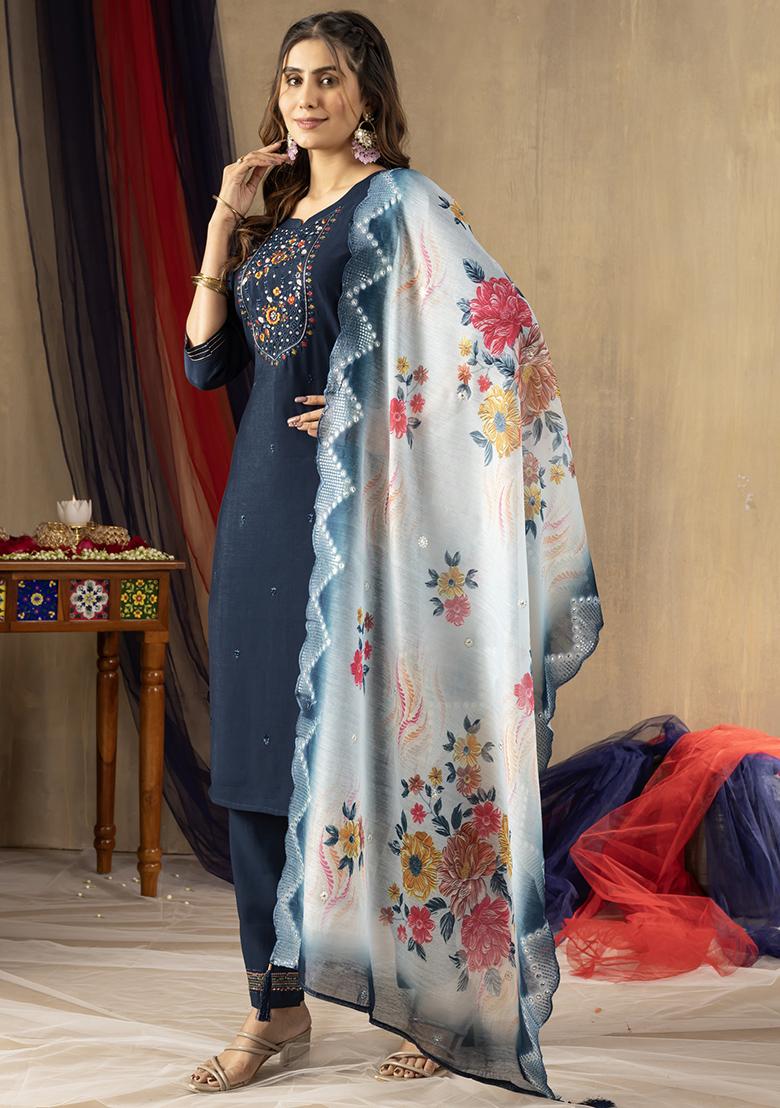Blue Embroidery Silk Straight Kurta Set - Indya
