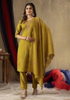 Mustard Embroidery Silk Straight Kurta Set