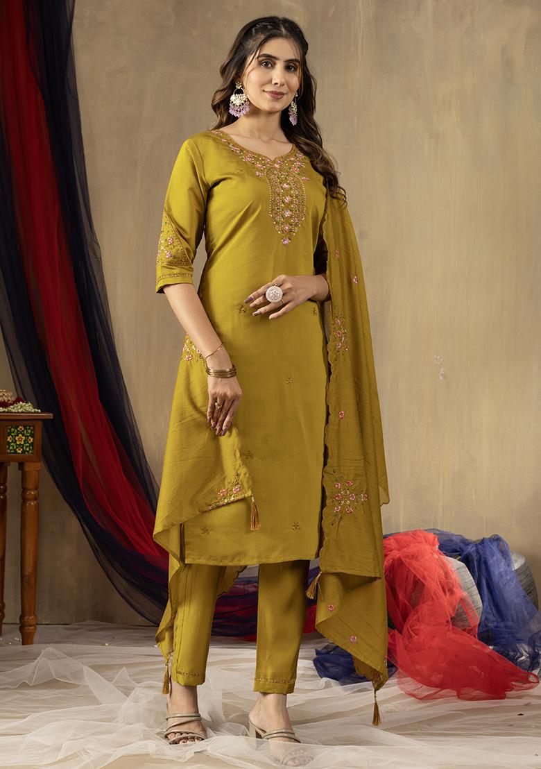 Mustard Embroidery Silk Straight Kurta Set - Indya