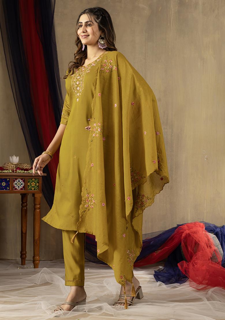 Mustard Embroidery Silk Straight Kurta Set - Indya