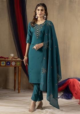 Rama Embroidery Silk Straight Kurta Set