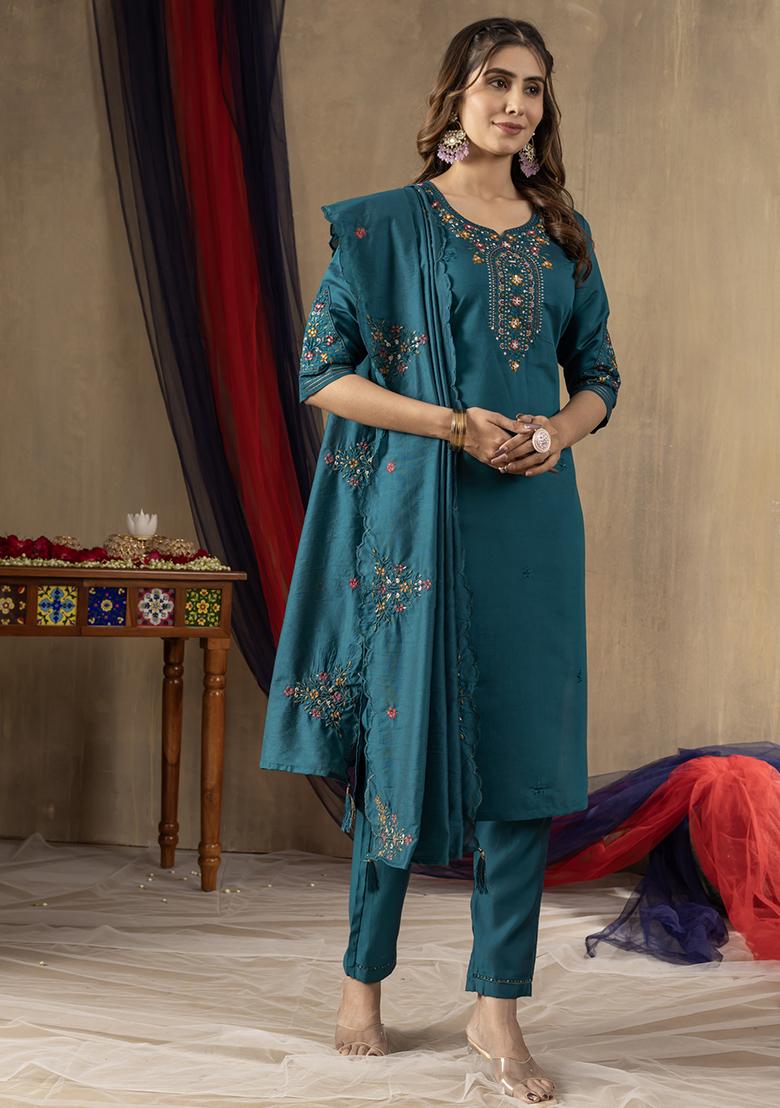 Rama Embroidery Silk Straight Kurta Set - Indya