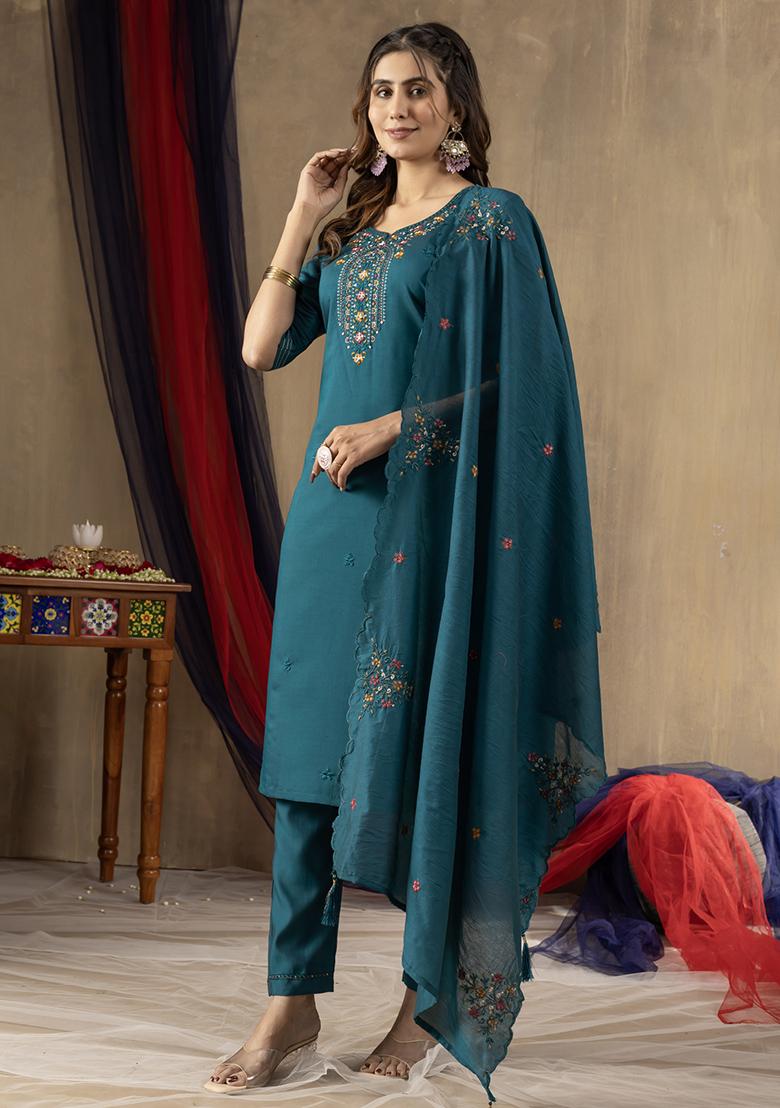 Rama Embroidery Silk Straight Kurta Set - Indya