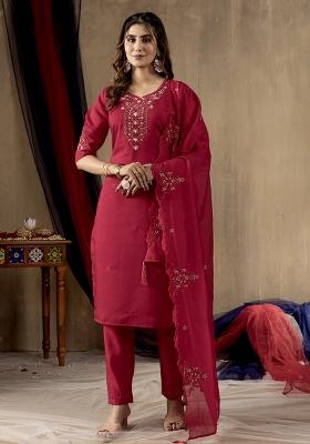 Rani Pink Embroidery Silk Straight Kurta Set