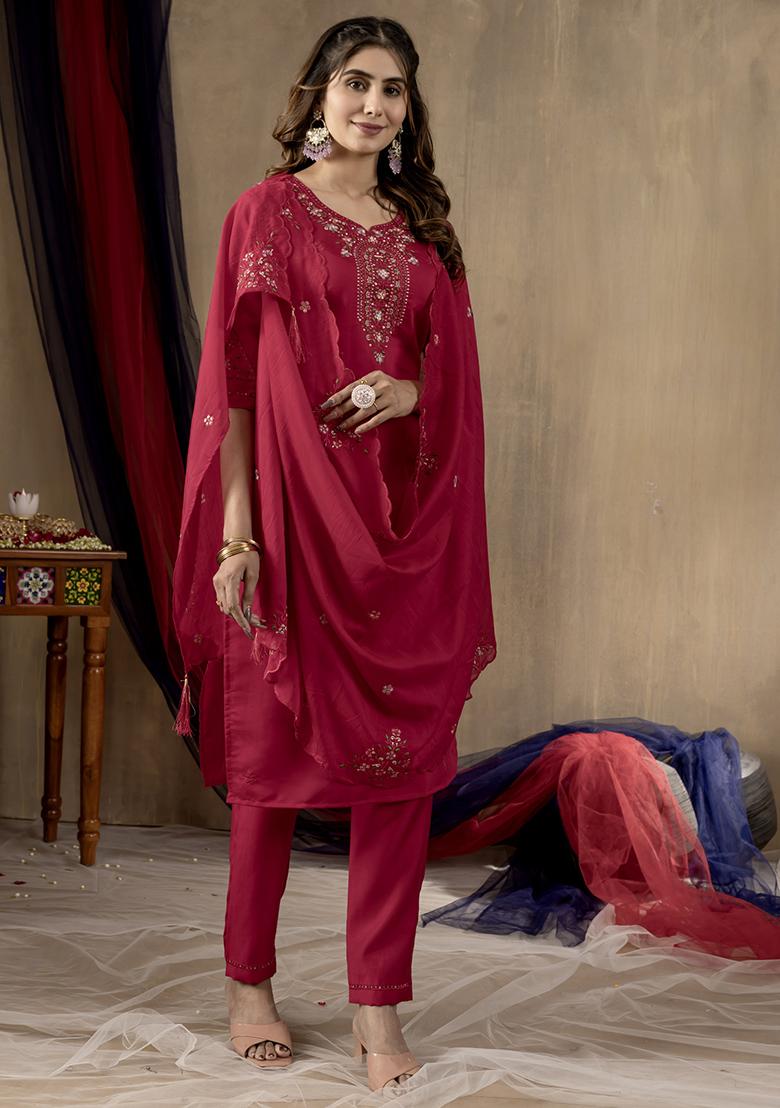 Rani Pink Embroidery Silk Straight Kurta Set - Indya