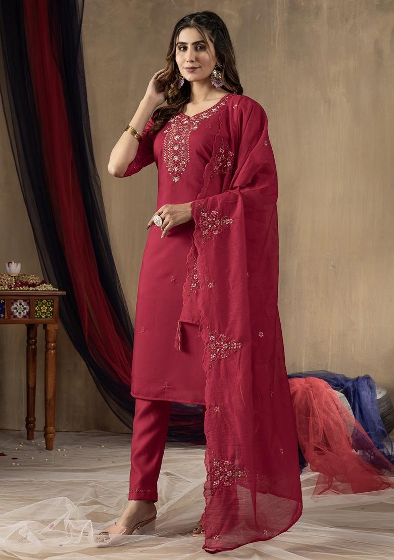 Rani Pink Embroidery Silk Straight Kurta Set - Indya